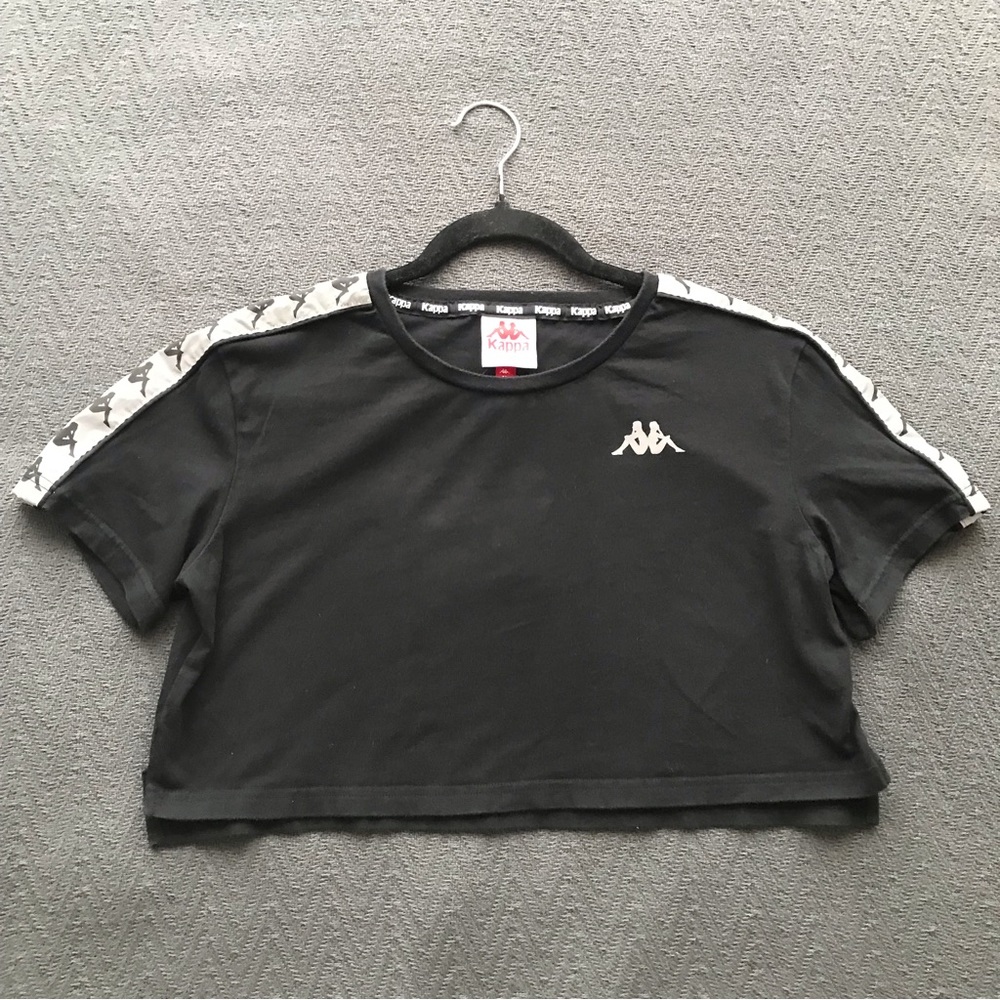 Kappa Black Cropped Top Athletic Workout Top Cotton Logo Stripes on Sleeves XS